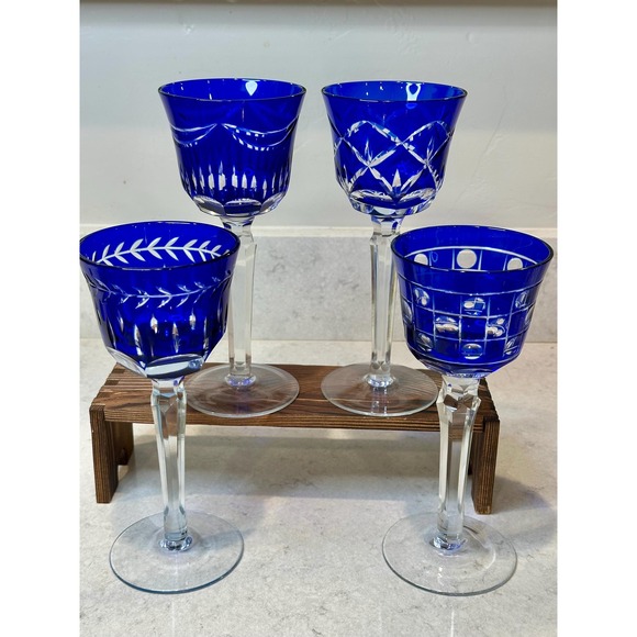Vintage Bohemian Cobalt Blue Cut-to-Clear Crystal Wine Glass Set